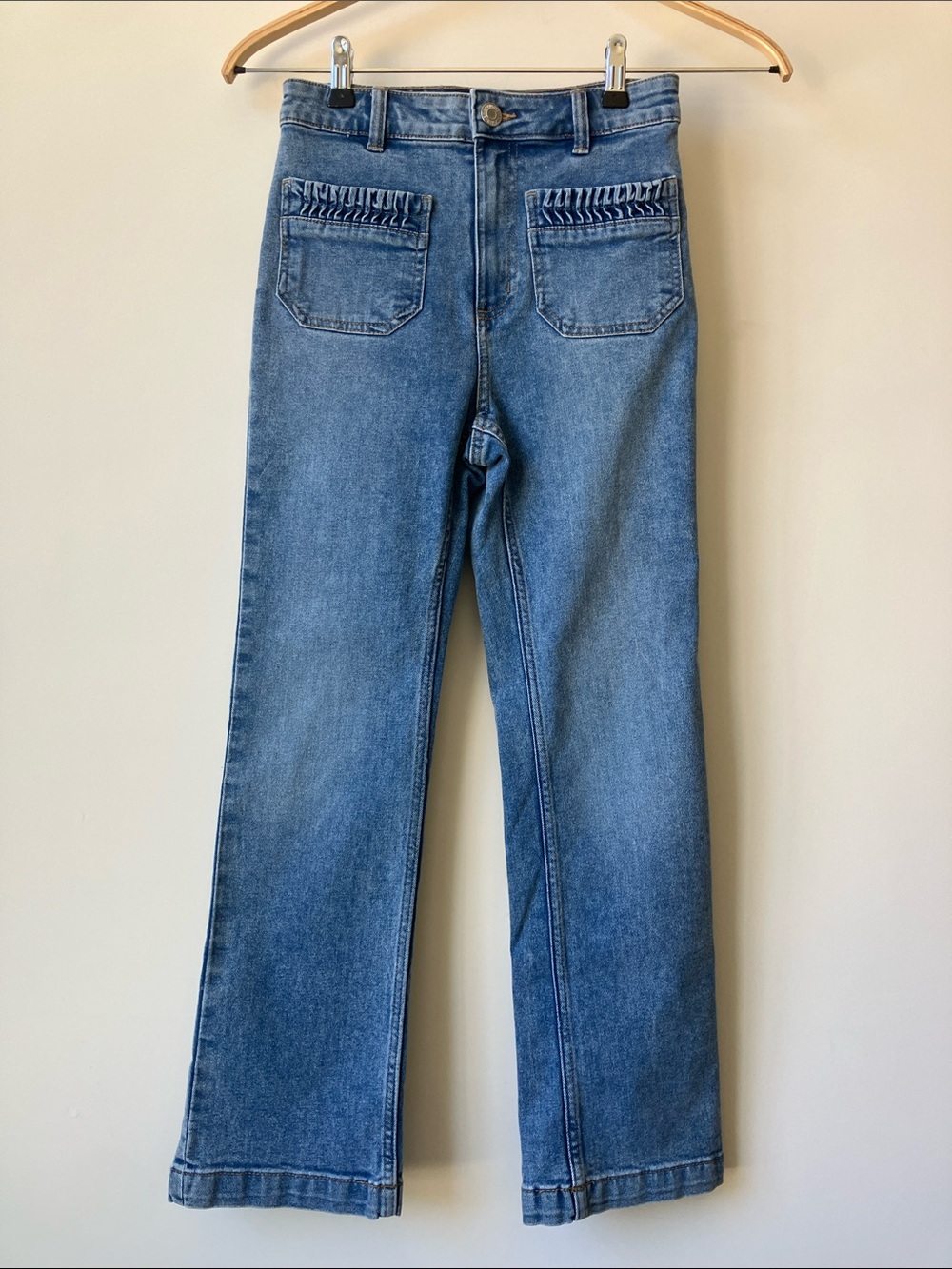 H&M Hi-Waist Crop Straight Leg Jeans Faded Blue Wash Ruched Pocket Edge Size 4
